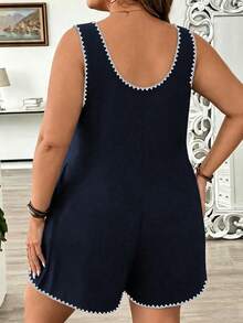 EMERY ROSE Casual Minimalist Contrast Trim Sleeveless Plus Size Romper - Navy Blue - View 2