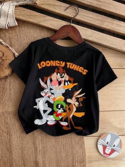 LOONEY TUNES X SHEIN 1 pieza Camiseta de manga corta con cuello redondo y estampado de dibujos animados, estilo casual divertido para niño joven