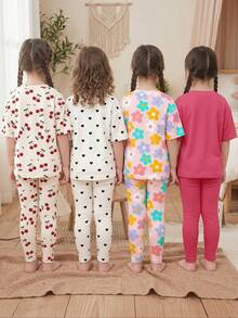 [Lucky Blind Box:RANDOM 4 SETE SEND 1 SETE]Cute Sweet Cherry Heart Floral Print, Baby Girl Casual Simple Round Neck Loose Short Sleeve T-Shirt Tight Leggings Set Suitable For Spring And Summer - Multicolor - View 4