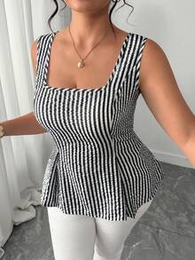 Elenzga Plus Size Women's Spring/Summer Fashion Elegant Commuter Square Neck Waist-Cinched Tie-Up Striped Print Camisole Tank Top - Black and White - View 6