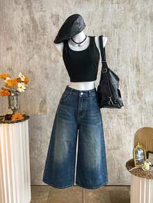 K-Vae Women's Casual Loose Capri Wide Leg Jeans, Blue - Medium Wash - View 1