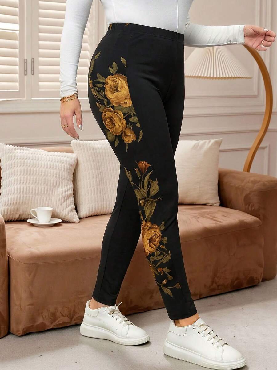 Rosumi 大尺碼女款花卉印花修身緊身褲