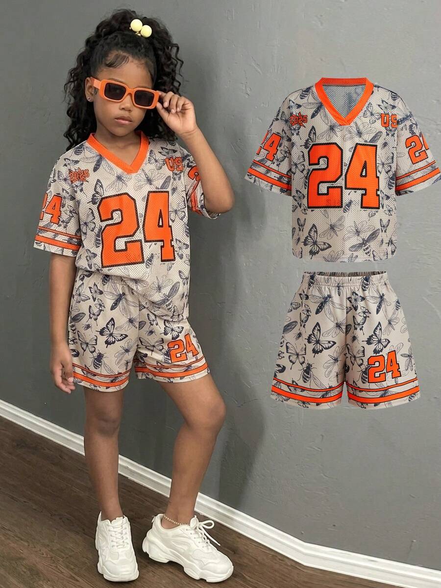 Conjunto de Ropa Deportiva de Jersey con Bola Suave y Fresca para Niña Joven, Versátil para Salidas, Vacaciones, Ropa de Calle, Adecuado para Cualquier Ocasión, Conjunto Combinado para Hermanas, Conjunto Combinado para Padres e Hijos, Conjunto Lindo para Niña - Naranja - Ver 1