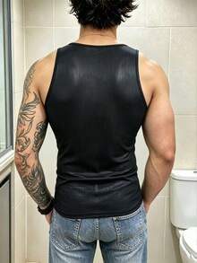 Manfinity Dauomo 夏季男士休閒度假性感修身人造皮革無袖背心上衣 - 黑色 - 查看 2