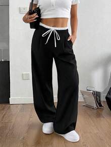 SHEIN PETITE CURVE 大码女式休闲撞色裤，女式春秋季休闲抽绳口袋阔腿黑色宽松长裤，休闲舒适抽绳腰阔腿裤 - 黑色 - 查看 6