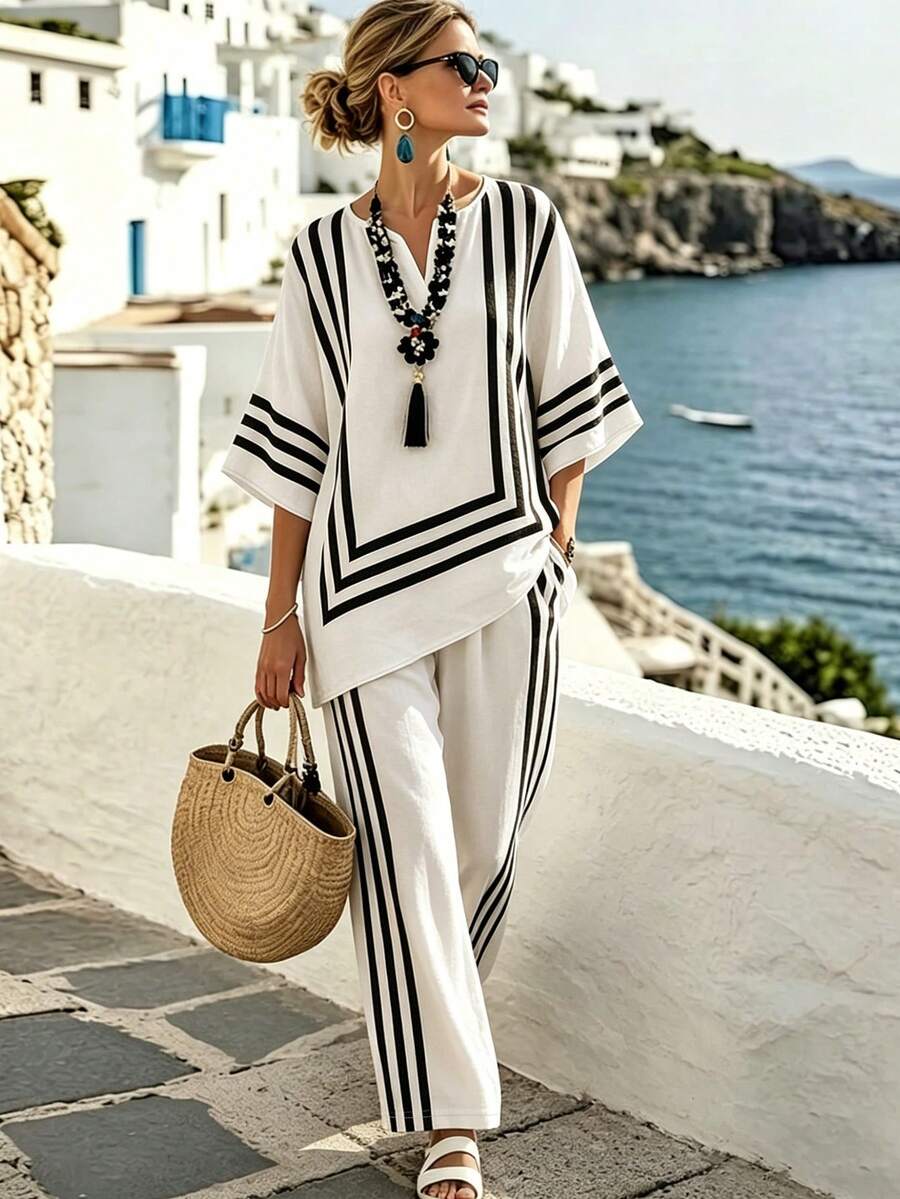 SHEIN Holidaya 2026 Summer NewLinen Black And White Checkered Blouse, Loose V-Neck Mid-Sleeve Asymmetrical Hem Vacation Style Linen Shirt For Women Sexy Tropical - Apricot - View 1