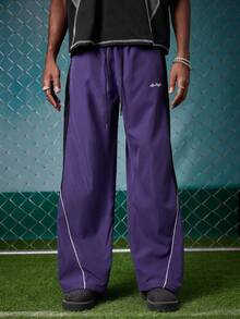 EVRINFINITE Men's Casual Color Block Drawstring Straight Leg Pants, Loose Fit Long Patchwork Black Straight Leg Sweatpants For Outdoor Football - Purple - View 6