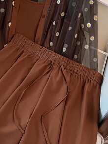 GlowEve CURVE Plus Size Women's Sheer Embroidered Hollow Out Shirt, Solid Color Camisole And Shorts 3-Piece Set, Elegant And Fresh For Summer Fall - Brown - View 5
