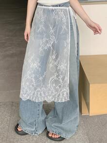 Bijouette Zan Sakura 櫻花季限量版大尺碼白色蕾絲繫帶包臀裙，寬鬆修身版型，精緻提花蕾絲面料，透視設計，蕾絲滾邊裙襬，可調節側綁帶，收腹遮臀，顯瘦效果，適合梨形與蘋果型身材，不勒身，5月初夏季防曬疊穿，日系簡約性感風，通勤、約會、旅行、賞花、黃金週出遊，大尺碼女款百搭顯瘦裙，女款白色裙子 - 白色 - 查看 3