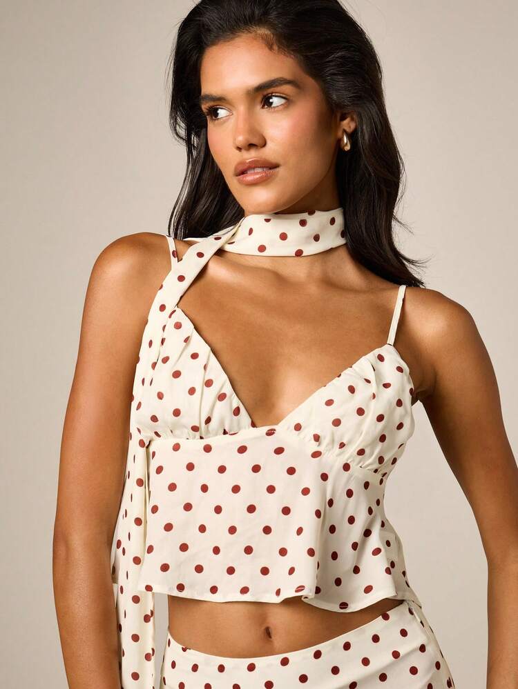 Polka Dot Crop Cami With Ruffle Hem And Scarf