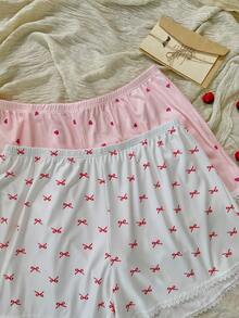 CottageSlumber Plus Size Women's Silk Lace Pajama Pants, Spliced Lace Bow Heart Print, 2pcs Shorts Set - Multicolor - View 5