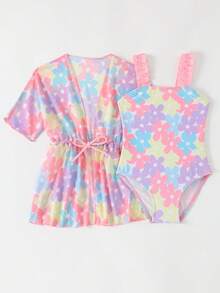 Set Baju Renang Terusan Bayi Perempuan Motif Bunga untuk Liburan, Termasuk Atasan Penutup dengan Tali Pengikat - MultiWarna - View 5