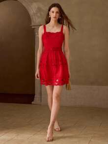 MOTF PREMIUM WOMEN'S PATCHWORK HOLLOW LACE TIE WAIST CAMI DRESS - Red - View 1