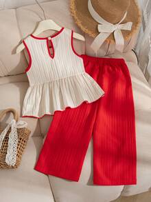 SHEIN Elladie kids 少女夏季海灘度假新款清新田園風精緻櫻桃兩件套杏色拼色裝飾無袖背心上衣 + 紅色寬腿長褲甜美可愛時尚日常穿搭夏季 - 紅色 - 查看 3