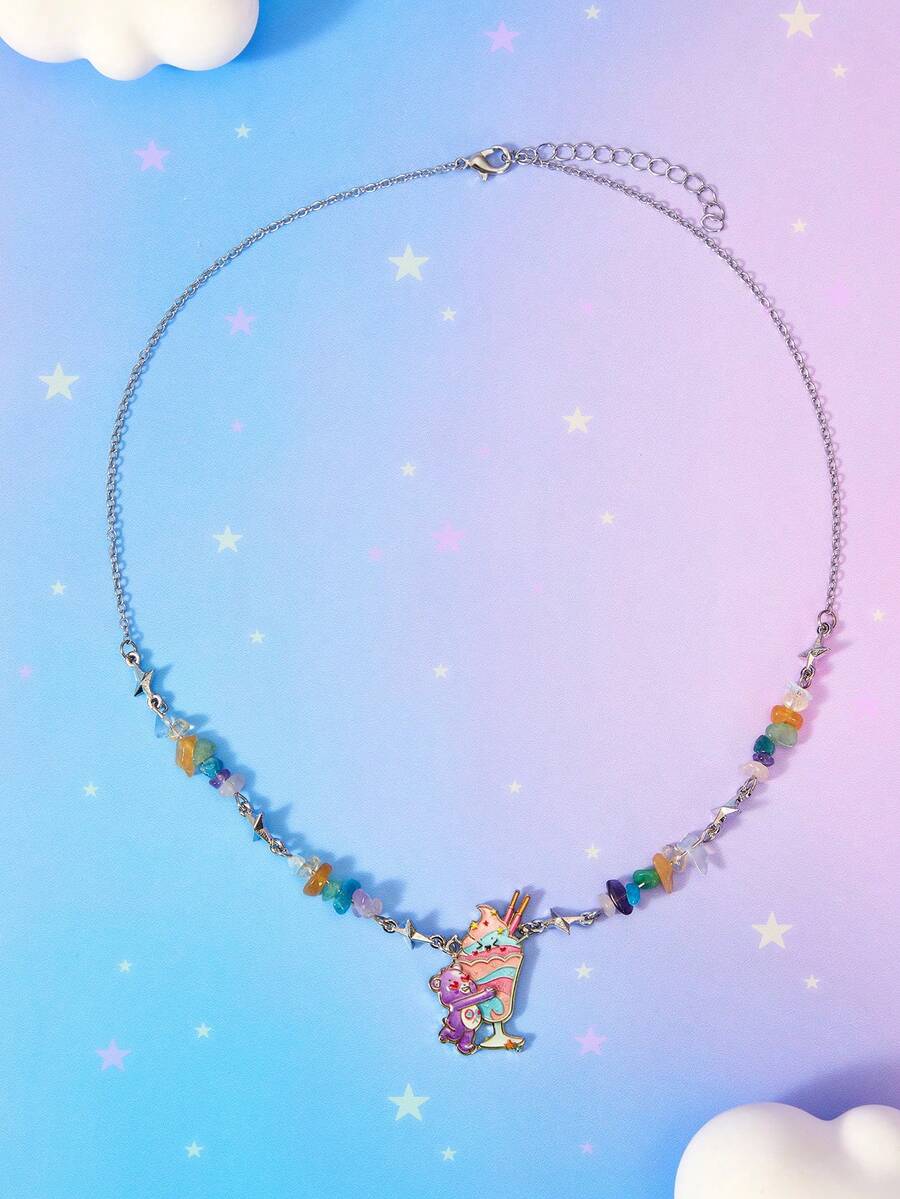 SHEIN X Care Bears 1PC New Creative Cartoon Cute Bear Ice Cream Oil Drop Pendant Exquisite Necklace, IP Joint Design, Lovely Personalized, Simple And Generous, Suitable For All Kinds Of Parties, Concerts, Festivals, Exquisite Gifts - Multicolor - View 1