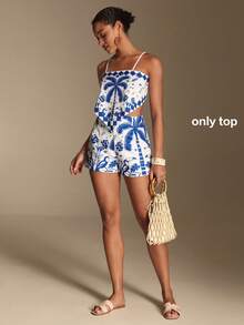 Swim Oasis Women's Elegant Tropical Shell Print Blue And White Boho Cropped Top Shorts Outfit Sets,Summer Casual Tropical Holiday Vacation Beach Resort Wear - Blue - View 7
