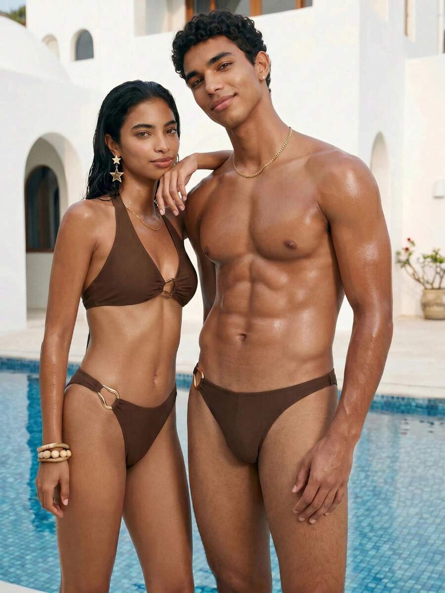 Manfinity Swimmode 2026新款春夏男士純色金色配件舒適時尚沙灘派對泳褲 - 棕色 - 查看 1