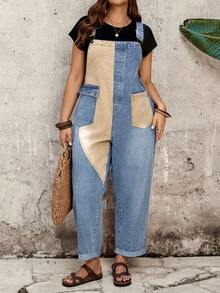 EMERY ROSE EMERY ROSE Plus Size Women's Colorblock Pocket Design Casual Denim Overalls - Light Wash - View 2