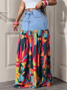 Slaydiva Women's Printed Patchwork Extra Long Denim Skirt - Blue - View 3