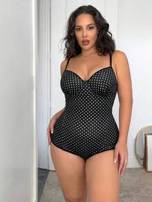 SHEIN SXY 大尺碼女款圓點印花時尚百搭細肩帶連身泳衣 - 黑色 - 查看 6