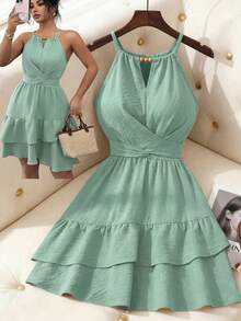 Elenzga Elegant Halter Neck Beaded Tie Strap Cold Shoulder Ruffle Tiered Plus Size Dress Formal Vacation Sage Green Summer - Green - View 1