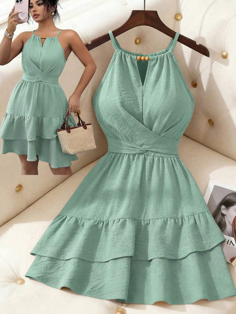 Elenzga Elegant Halter Neck Beaded Tie Strap Cold Shoulder Ruffle Tiered Plus Size Dress Formal Vacation Sage Green Summer - Green - View 1