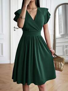 SHEIN LUNE Vestido de cuello cruzado de manga con volante - Verde Oscuro - Ver 10