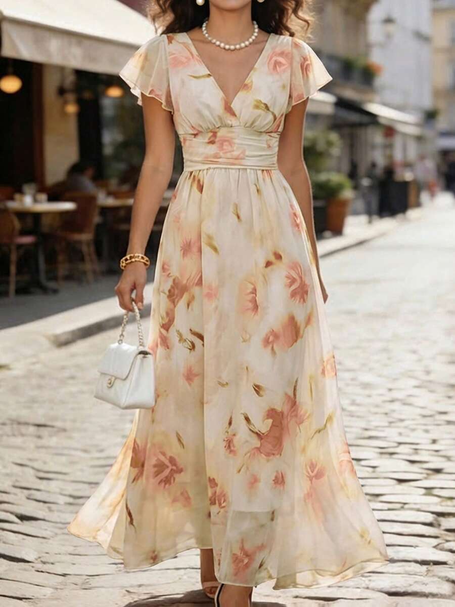 Balvessa V領優雅荷葉邊印花浪漫收腰A字版型時尚度假女款中長洋裝 - 杏色 - 查看 1