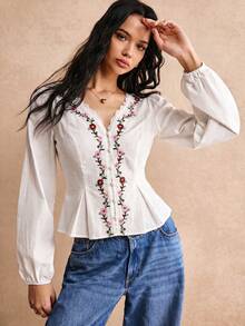 Poéselle 女款花卉刺繡對比蕾絲V領長袖襯衫 - 白色 - 查看 7