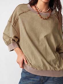 Bohemela 休閒針織配色拼接圓領水洗寬鬆女款 3/4 袖 T-shirt 夏季上衣 春夏嘉年華女裝服飾 - 卡其色 - 查看 5