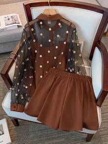 GlowEve CURVE Plus Size Women's Sheer Embroidered Hollow Out Shirt, Solid Color Camisole And Shorts 3-Piece Set, Elegant And Fresh For Summer Fall - Brown - View 2