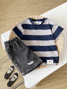2pcs/Set Boys Casual Striped Letter Print Short Sleeve T-Shirt And Distressed Washed Denim Shorts Set, Suitable For Spring/Summer, Outings, Sports, School, Daily Versatile Wear - Multicolor - View 3