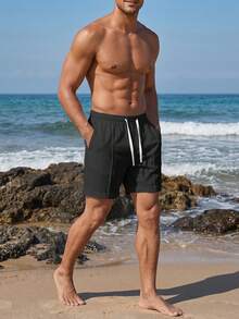 VIVINTIMO Pantalones cortos casuales versátiles de unicolor para hombres, vacaciones - Negro - Ver 3
