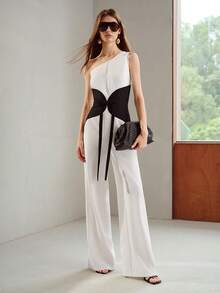 MOTF PREMIUM SPRING/SUMMER ONE-SHOULDER COLORBLOCK PROFESSIONAL COMMUTER FASHION WOMEN'S JUMPSUIT - Black and White - View 3