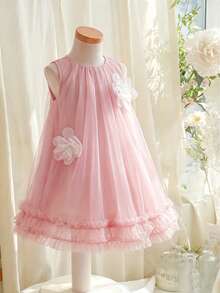 SHEIN Glamorique Kids 女童夏季綠色無袖碎花洋裝，甜美可愛風，優雅 - 粉色 - 查看 6