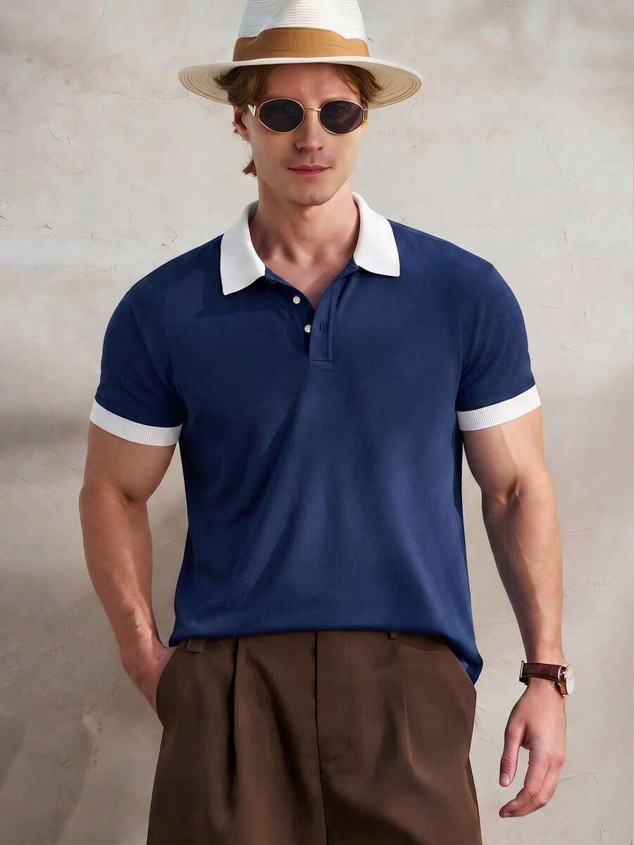 TONEVAULT 男士夏季嘉年華季老錢風休閒海軍藍拼白色配色 Polo 衫,海灘城市度假舒適款 - 藏蓝色 - 查看 1