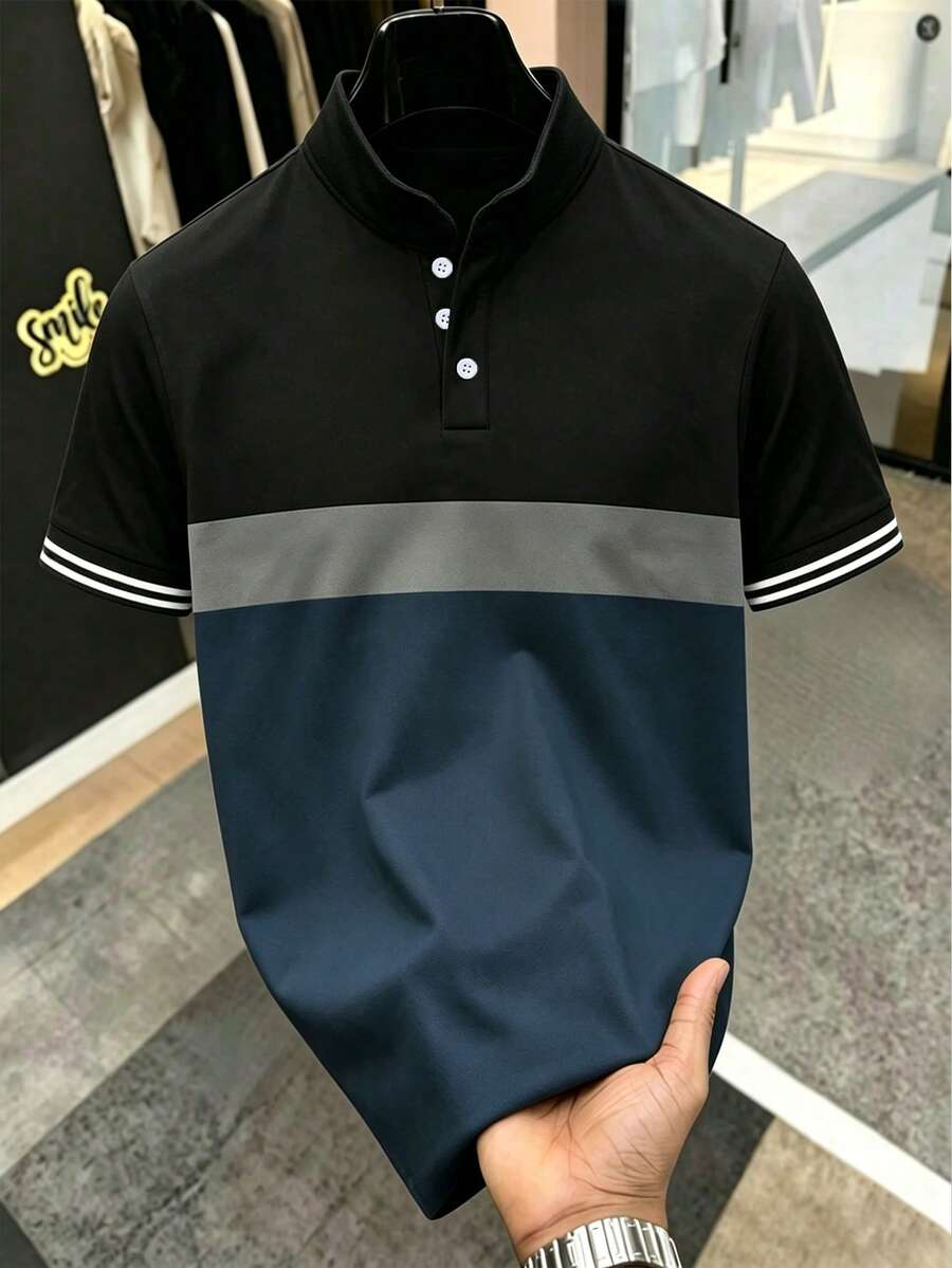 Manfinity Mode 男士條紋短袖休閒/商務拼色 Polo 衫 夏季休閒上衣 正式 儀式 - 藏蓝色 - 查看 1