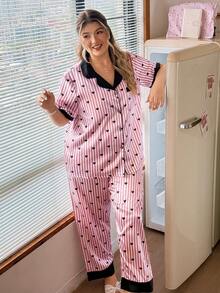 Slumberry CURVE Color Block Striped Heart Print Lapel Short Sleeve Long Pants Plus Size Women's Pajama Set - Multicolor - View 3