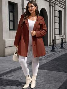 Rosumi Plus Size Spring/Autumn Casual Solid Color Hooded Trench Coat Jacket - Rust Brown - View 6
