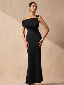 SHEIN Uhlyne Women's Black Gold Asymmetric-Neck Fitted Luxury High-End Metal Accessory Mermaid Long Dress Asymmetric Design Pleated Bodycon Evening Gown Sexy Dress - Black - View 4