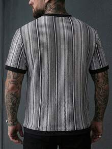 EGENSIO Men's Fashionable Versatile Striped Contrast Color Short Sleeve Crew Neck T-Shirt, Holiday - Black - View 2
