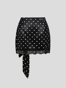 Sweetra Falda de mujer elegante para ir a la oficina, estilo vintage americano romántico de primavera/verano, con lunares, satén, lazo, dobladillo asimétrico y ribete de encaje - Negro - Ver 2