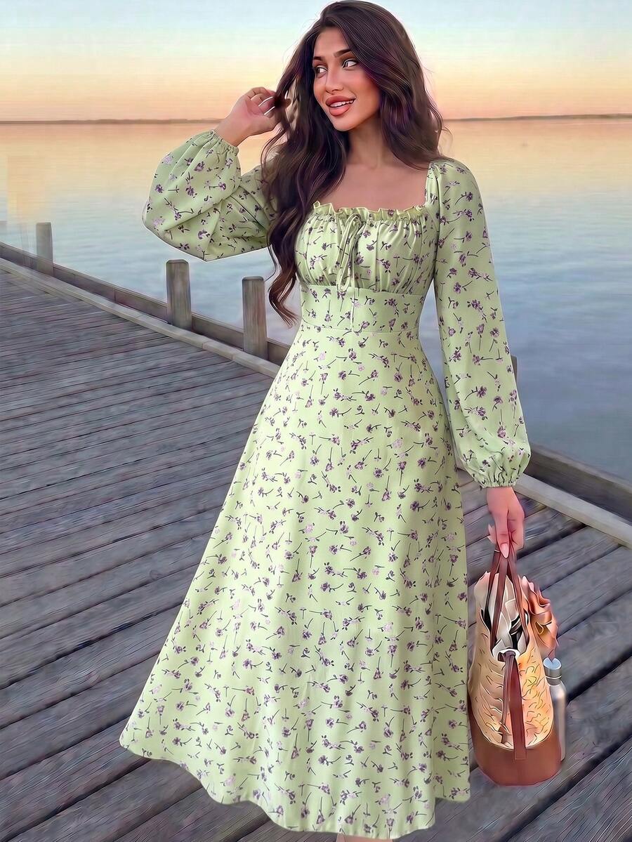 Modelyn 女士印花方领灯笼袖连衣裙长款女装