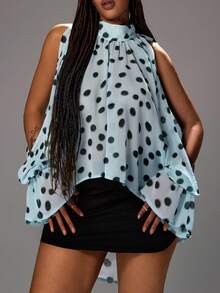 Rustia Plus Size Women's Vintage Elegant Halter Neck Blouse, Classic Shirt, Long Lantern Sleeve, Polka Dot Shirt, Asymmetric Shirt, Slit Sleeve Design, Bow Tie Back, Asymmetric Chiffon Blouse, Suitable For Evening, Party, Date, Daily Wear, Back To School, Office, Wedding Guest, Spring/Summer/Autumn - Multicolor - View 3