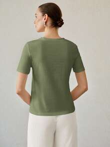 MOTF PREMIUM Camiseta de manga corta con cuello redondo de unicolor versátil para mujer de verano - Verde - Ver 3
