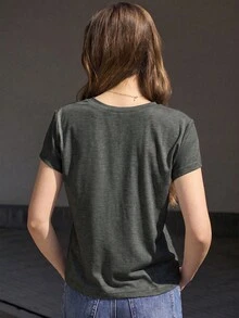 Jouncy 女款蝴蝶結印花圓領短袖休閒T恤 - 深灰色 - 查看 2