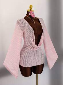 SHEIN Swim Swim Chiccia 夏季海灘垂領不對稱長袖女款罩衫 - 淺粉色 - 查看 5