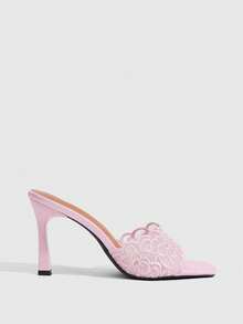 CUCCOO SZL Sexy Pink Square Toe Stiletto High Heels Women's Outer Wear Sandals Mesh Embroidery Open-Toe Summer - Pink - View 2