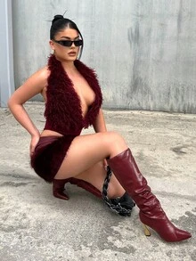 Dayanna Comas Y2K Amplova 酒紅色毛絨掛脖性感連身衣 派對穿搭 波爾多紅連身衣 紅色連身衣 人造毛皮女款連身衣 夏季 - 酒紅色 - 查看 4
