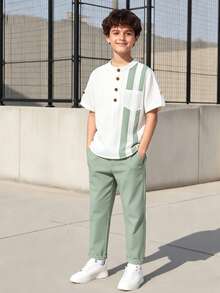 2pcs/Set Boys' Summer Casual Versatile Shirt With Stand Collar And Solid Color Minimalist Pocket Long Pants, Comfortable And Stylish For Daily, Commuting And Travel - Multicolor - View 1